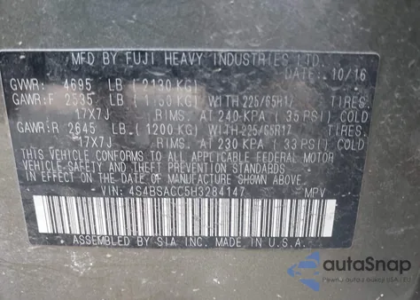 2017 Subaru Outback 2.5I Premium from USA, damaged, VIN 4S4BSACC5H3284147